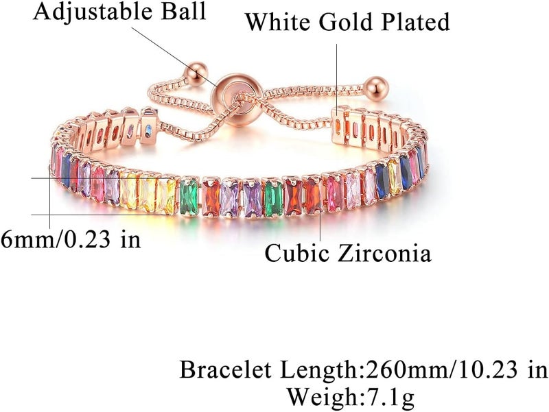 CiNily Adjustable Tennis Bracelets for Women Teen Girls Rainbow Cubic Zirconia Bracelet 14K White Gold Plated Hypoallergenic Slider Bracelet Jewelry Gift - Image 3